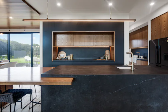 Custom island and solid timber drop down seating area Custom island and solid timber drop down seating area